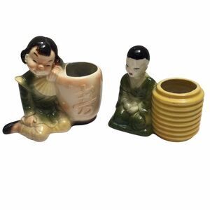 Vintage Pair Royal Copley Asian  Mini Green Figurine Pottery  planters Plant Pot